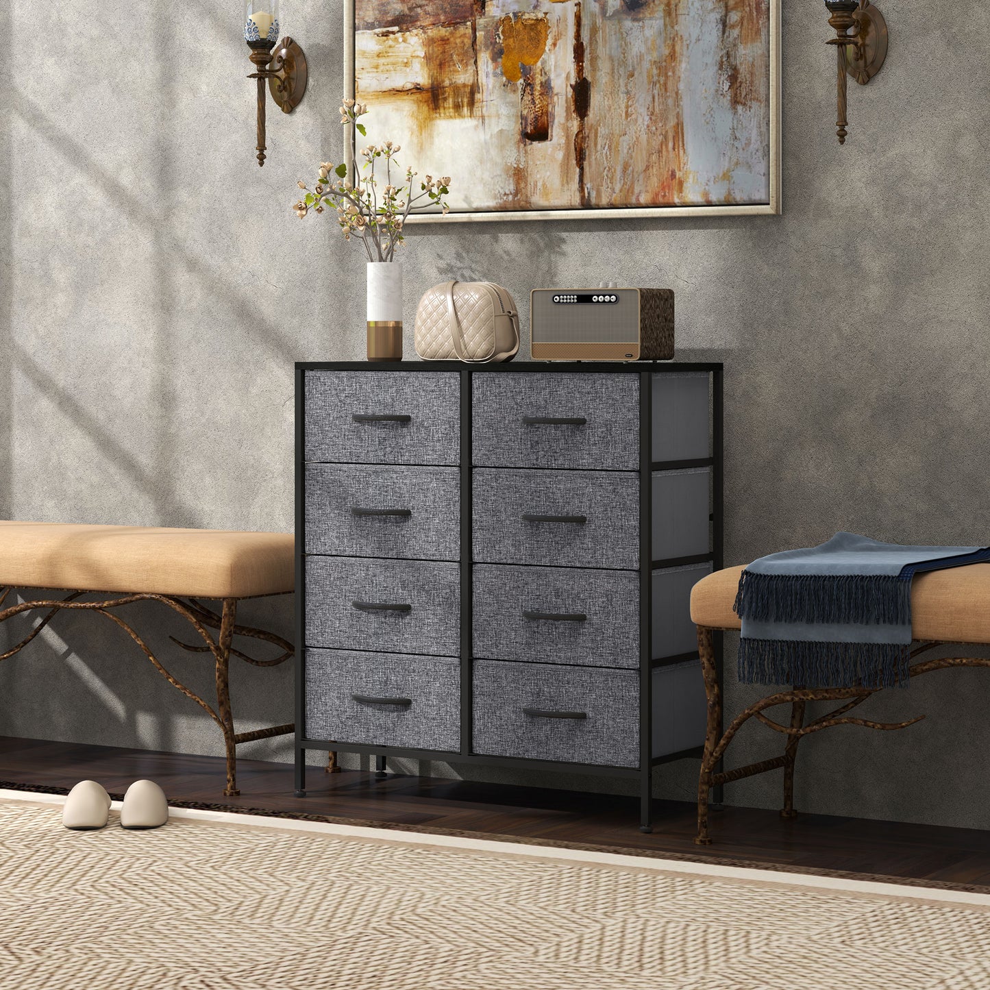 HOMCOM Fabric Chest of Drawers, Industrial Bedroom Dresser with 8 Fabric Drawers, Steel Frame and Wooden Top for Nursery, Living Room, Hallway, Black