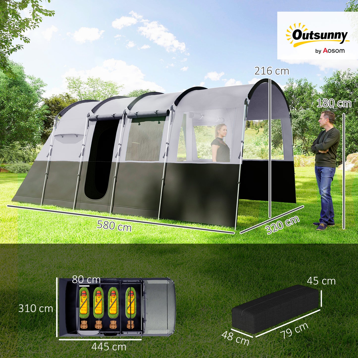 Outsunny 8-Person Camping Tent, Waterproof Family Tent, Tunnel Design, 4 Large Windows, Sleeping Cabins 3000mm Water Column Grey