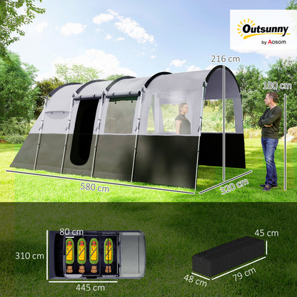 Outsunny 8-Person Camping Tent, Waterproof Family Tent, Tunnel Design, 4 Large Windows, Sleeping Cabins 3000mm Water Column Grey