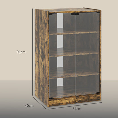 HOMCOM 4-Tier Hi-Fi Stand,  Record Player Stand with Adjustable Shelves and Push-to-Open Glass Doors, Rustic Brown