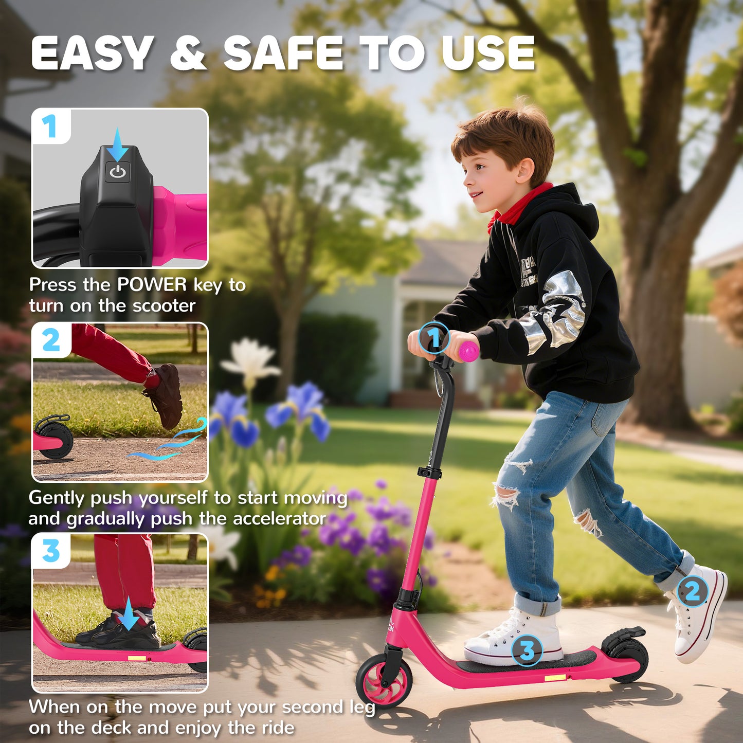 HOMCOM Electric Scooter for Kids 6+, Foldable E Scooter, Up to 8 KM/H, Maximum Range 6 KM, Adjustable Height, Pink