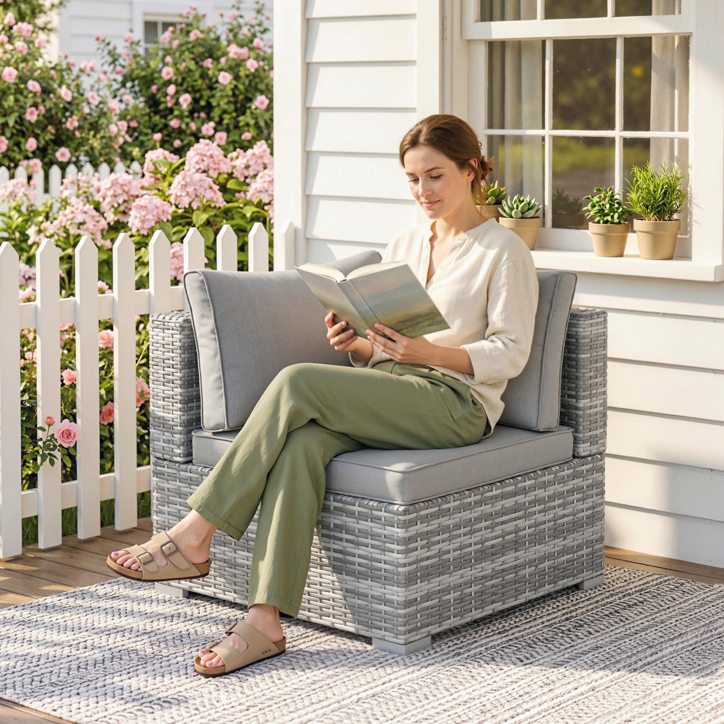 Outsunny Outdoor PE Rattan Corner Sofa, Garden Wicker Furniture Single Sofa Chair w/ Cushions, Light Grey--ChewyGames-ChewyGames