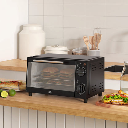 HOMCOM Mini Oven, 9L Countertop Electric Grill, Toaster Oven with Adjustable Temperature, Timer, Dishwasher Safe Baking Tray and Wire Rack, 750W, Black