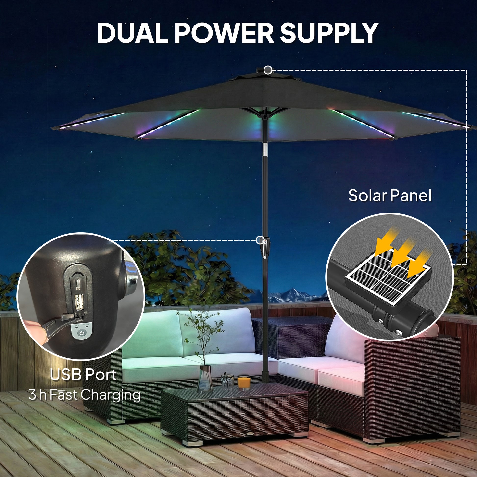 Outsunny 3 m Garden Parasol Umbrella with 112 Solar Powered LED Lights, Patio Umbrella with Crank Handle, Grey--ChewyGames-ChewyGames