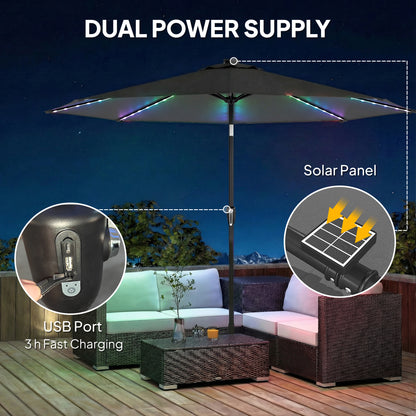 Outsunny 3 m Garden Parasol Umbrella with 112 Solar Powered LED Lights, Patio Umbrella with Crank Handle, Grey--ChewyGames-ChewyGames