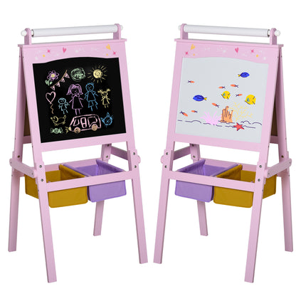 HOMCOM Kids Easel 3 in 1 Wooden Art Easel with Paper Roll Double-Sided Chalkboard & Whiteboard with Storage Baskets for Toddler Girls, Pink--ChewyGames-ChewyGames