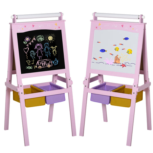 HOMCOM Kids Easel 3 in 1 Wooden Art Easel with Paper Roll Double-Sided Chalkboard & Whiteboard with Storage Baskets for Toddler Girls, Pink--ChewyGames-ChewyGames