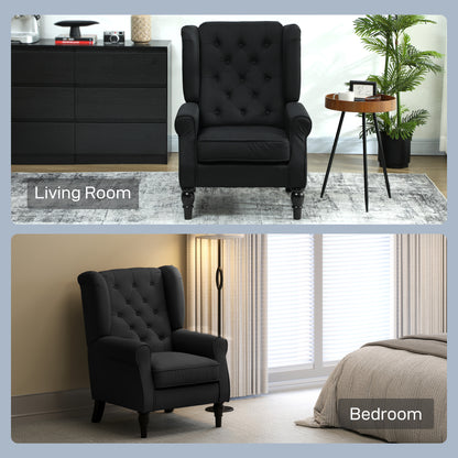 HOMCOM Wingback Accent Chair, Faux Linen Armchair with Thick Spring Cushion, High Back, Solid Wood Legs, Retro Button Tufted Reading Chair for Living Room, Bedroom, Black