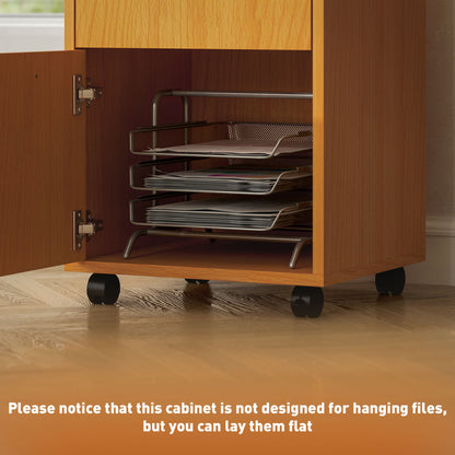 HOMCOM Filing Cabinet, Mobile File Cabinet with 2 Lockable Drawers, Office Home Organiser on Wheels for A4, Letter-Size File Folders, Mobile Printer with Open Shelf, Natural Wood Finish