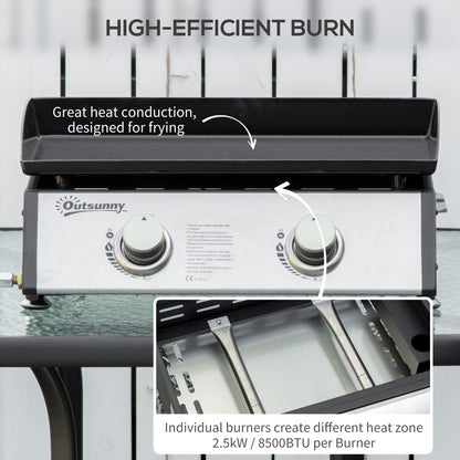 Outsunny Portable Tabletop Gas Plancha Grill w/ 2 Stainless Steel Burner, 5kW, Non-Stick Griddle for BBQ Camping Picnic Party