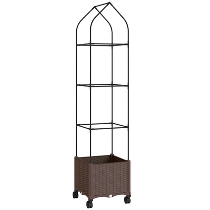 Outsunny Raised Garden Bed with Trellis, Tomato Cage with Lockable Wheels, Self Watering Planter Box with Drainage Holes, Brown