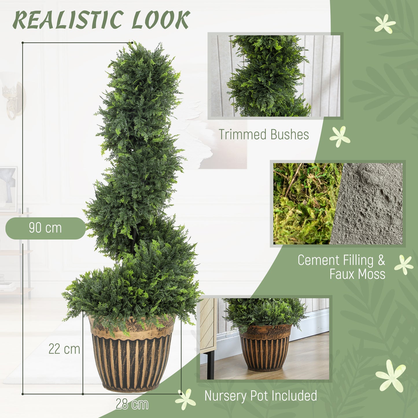 HOMCOM Set of 2 Artificial Plants, Topiary Spiral Boxwood Cypress Trees with Pot, for Home Indoor Outdoor Decor, 90cm