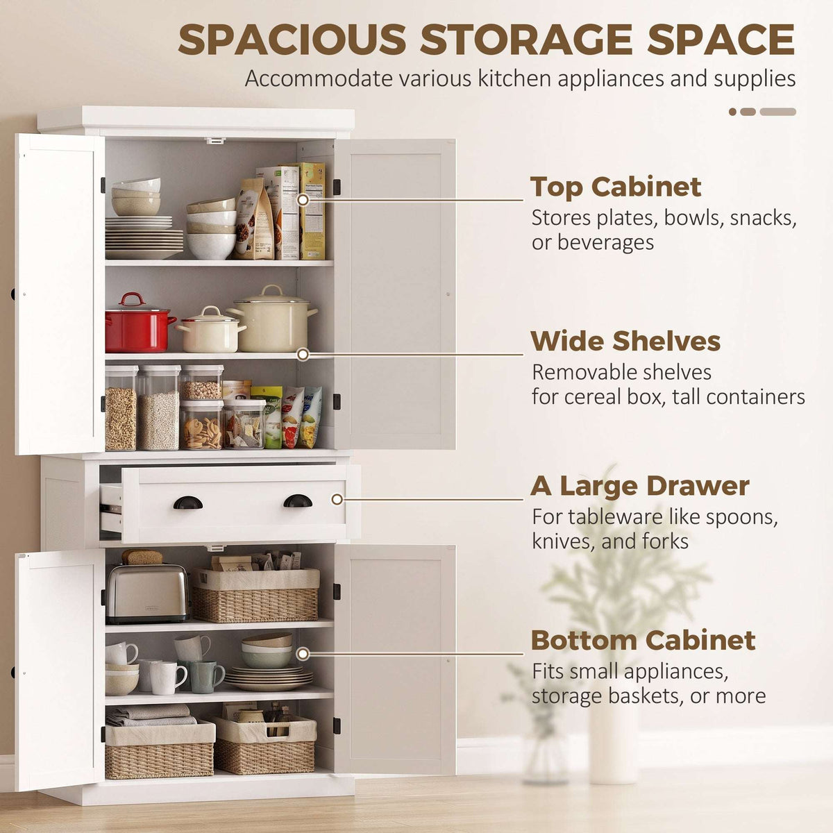 HOMCOM Tall Kitchen Cupboard, 183 cm Freestanding Storage Cabinet with Drawer, 4 Doors and Adjustable Shelves, White