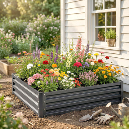 Outsunny 432L Square Raised Garden Bed Box Steel Frame for Vegetables, Flowers and Herbs, 120 x 120 x 30cm, Light Grey--ChewyGames-ChewyGames