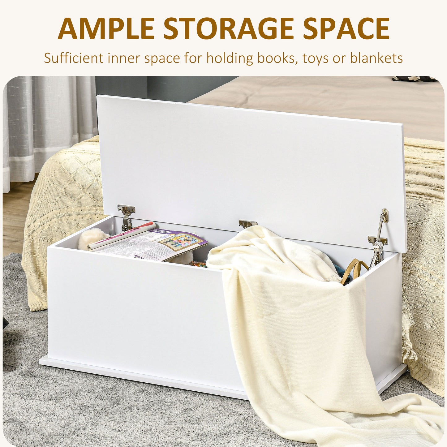 HOMCOM 113L Storage Chest, Storage Box with Flip-Top Lid and 2 Safety Hinges, Storage Trunk for Living Room, Entryway, 100 x 40 x 40 cm, White--ChewyGames-ChewyGames
