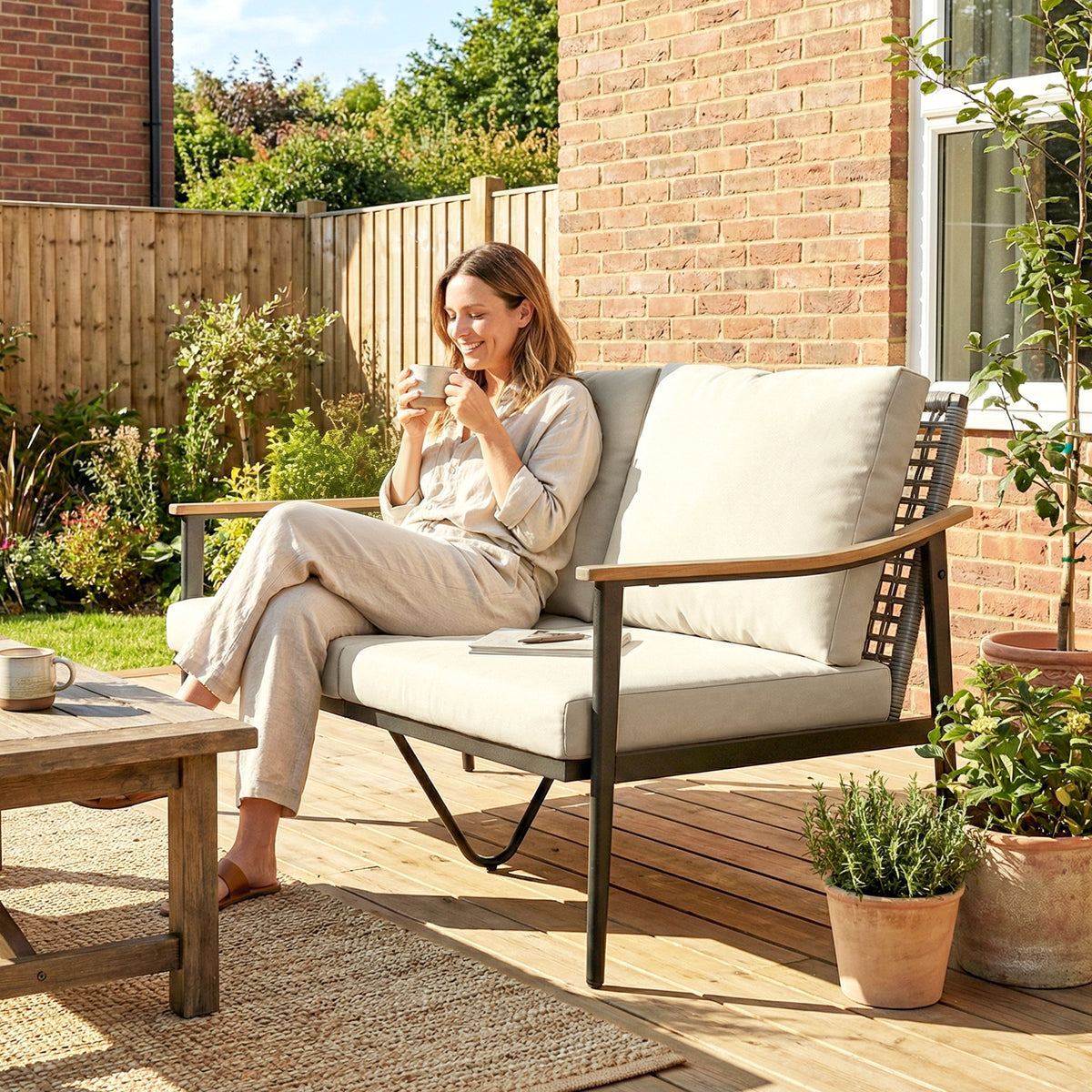 Outsunny 2 Seater Rattan Sofa, Outdoor Garden Sofa with Wood-Effect Armrests, Cushions for Patio, Balcony, Khaki