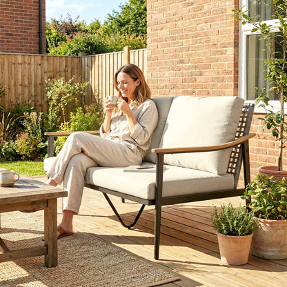 Outsunny 2 Seater Rattan Sofa, Outdoor Garden Sofa with Wood-Effect Armrests, Cushions for Patio, Balcony, Khaki