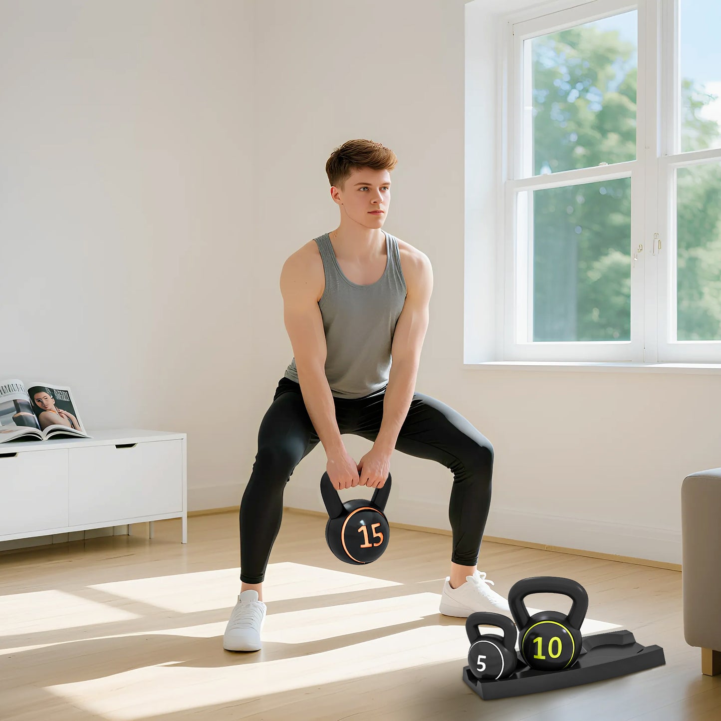 SPORTNOW Three-Piece Kettlebell Set, 5lbs, 10lbs, 15lbs with Storage Tray