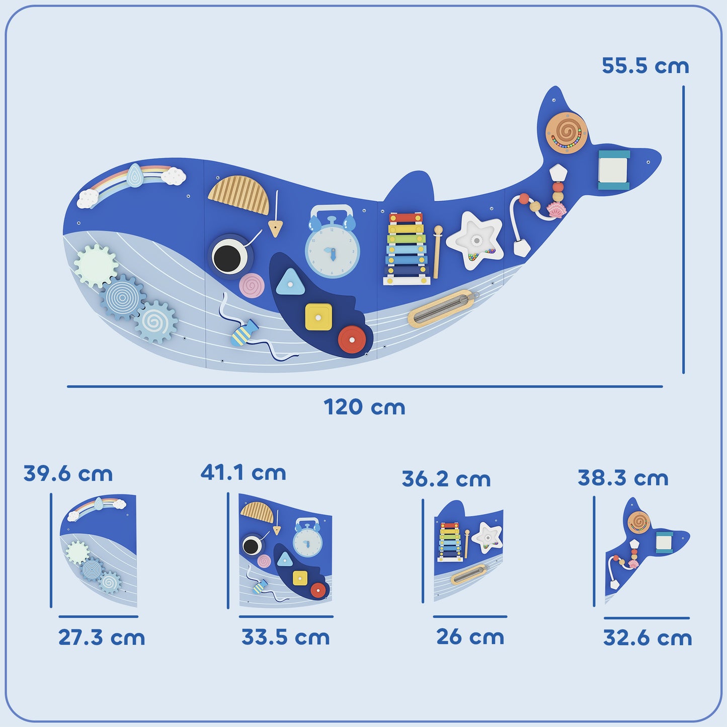 AIYAPLAY Whale Activity Wall Busy Board, 13 in 1 Montessori Inspired Sensory Wall Panel for Playroom Nursery Boys Girls 2+, Blue