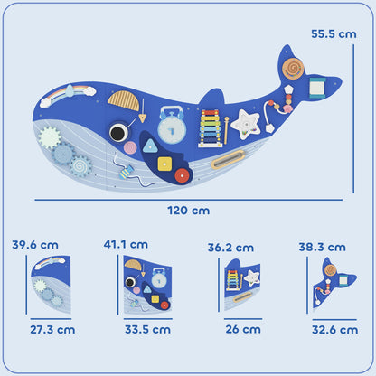 AIYAPLAY Whale Activity Wall Busy Board, 13 in 1 Montessori Inspired Sensory Wall Panel for Playroom Nursery Boys Girls 2+, Blue