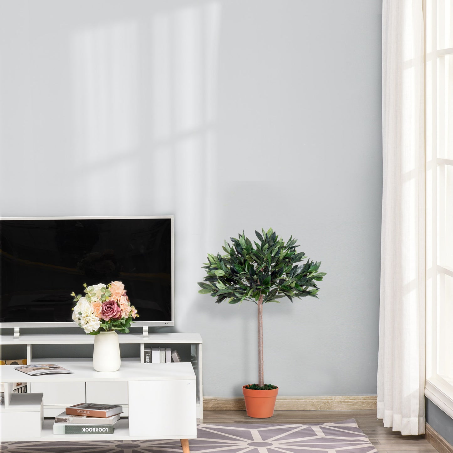 Outsunny 3ft Artificial Laurel Tree Indoor Plant Greenery for Home Office Potted in An Orange Pot Set of 2