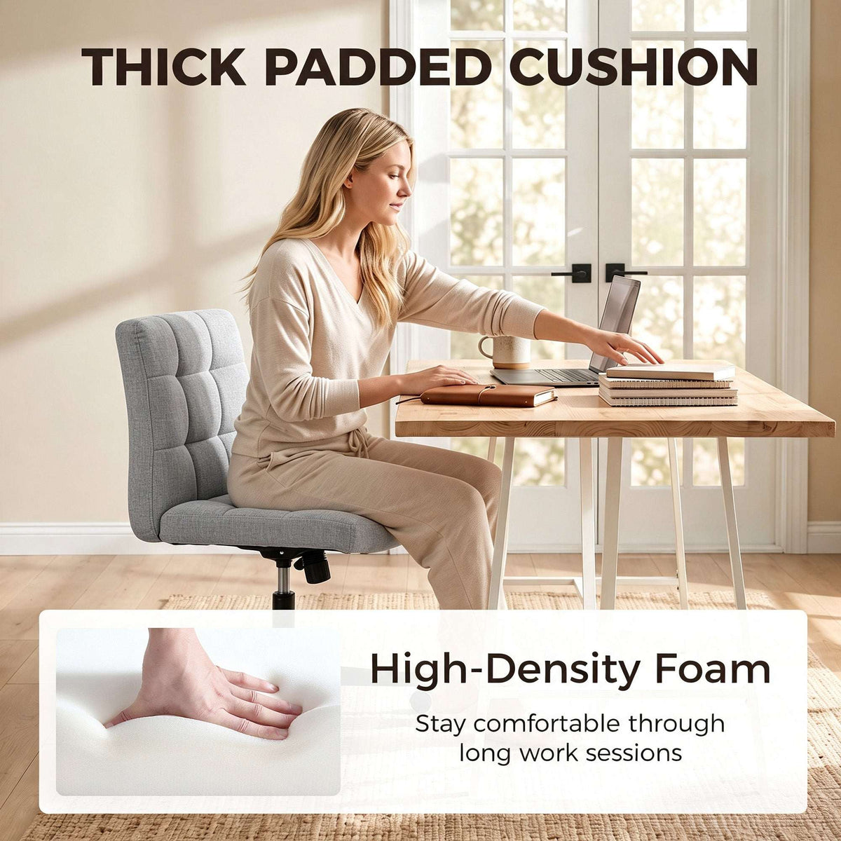HOMCOM Armless Office Chair, Cross Legged Linen Computer Desk Vanity Chair with Wide Seat, Rocking Function, Grey