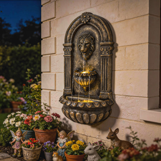 Outsunny Wall-Mounted Water Fountain, 3-Tier Cascading Waterfall with LED Lights and Adjustable Flow for Patio, Rustic Brown-Fountains-ChewyGames-ChewyGames