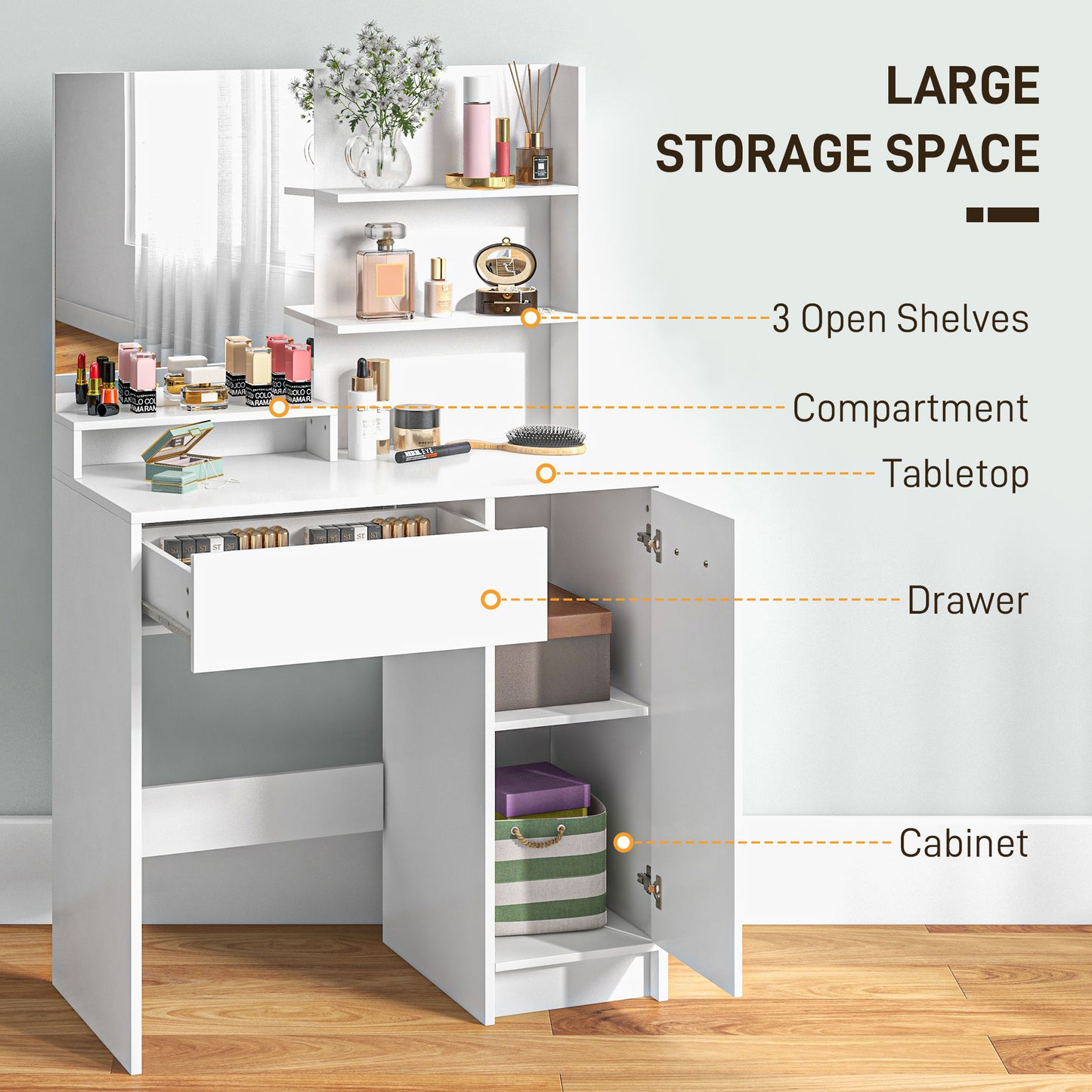 HOMCOM Dressing Table and Stool Set, with Storage - White