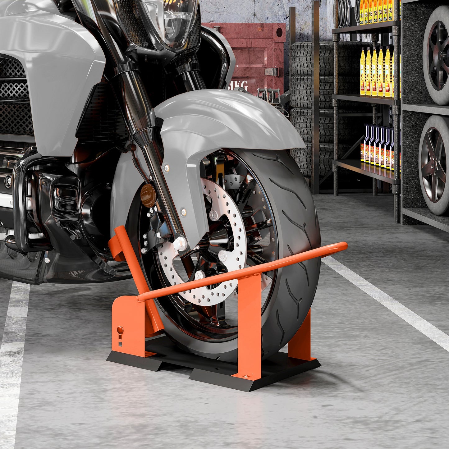 HOMCOM Motorcycle Wheel Chock, 816.5 kg Capacity Heavy Duty Steel Motorcycle Front Wheel Chock Holder with 3 Height Adjustable Holes, Fits 381-533.4 mm Wheels, Orange
