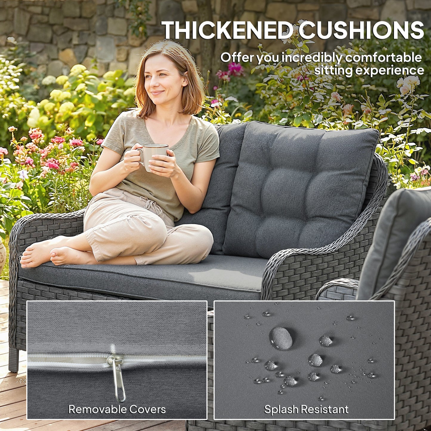 Outsunny 4-Piece Wicker Patio Furniture Set with 2 Armchairs, Loveseat, Glass Coffee Table, Conversation Sofa Set, Dark Grey