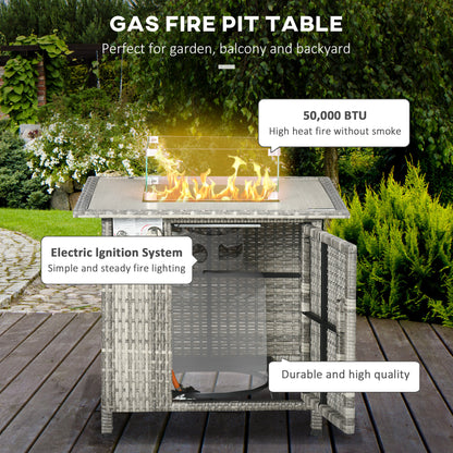 Outsunny 14.5 KW Rattan Gas Fire Pit Dining Table with Rain Cover, Wind Guard, Lid, Lava Rocks, Grey
