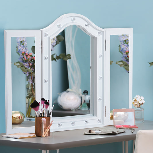 HOMCOM Trifold Tabletop Mirror, 73x53.5cm Makeup Mirror Large Cosmetic w/16 LED Lights Powered by Batteries, Foldable For Bedroom, White