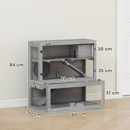 PawHut Wooden Hamster Cage with Hut, Wheel, Ramps, Removable Viewing Panels, 80 x 50 x 84 cm, Grey