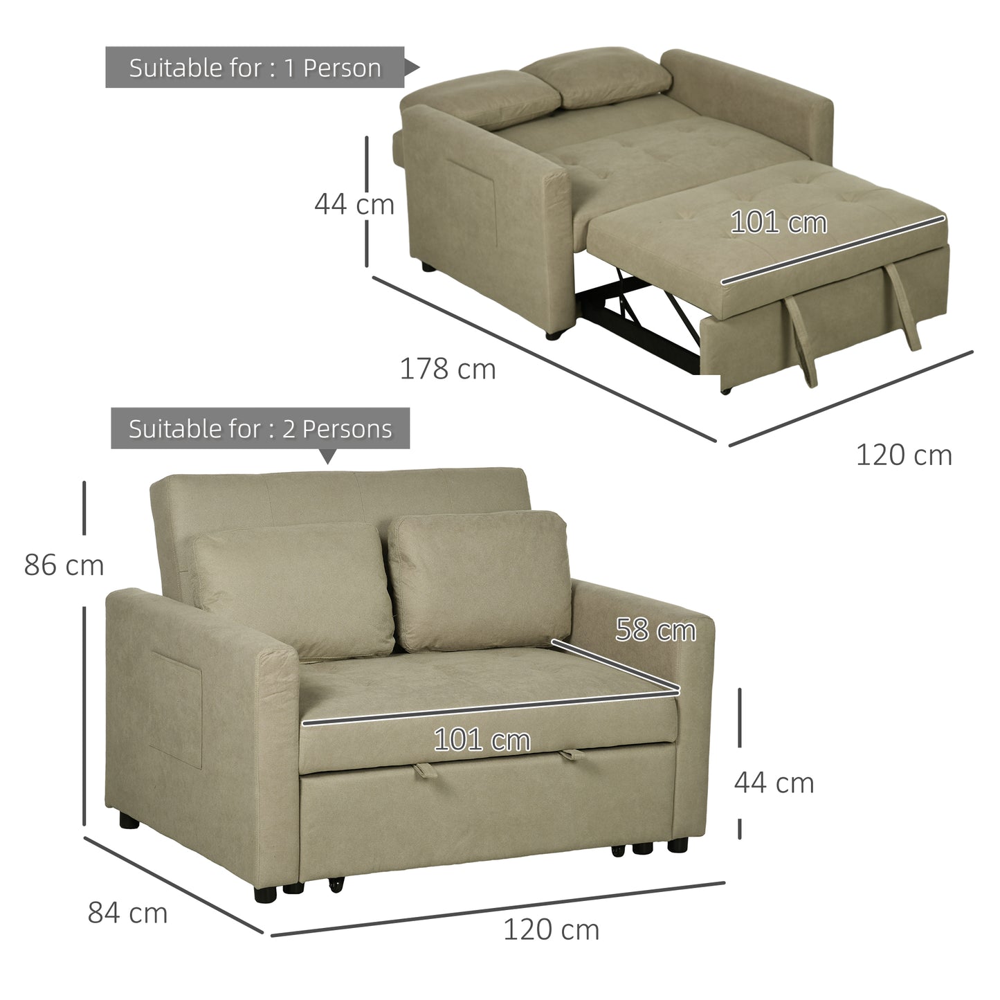 HOMCOM Loveseat Sofa Bed, Convertible Bed Settee with 2 Pillows, Side Pockets, Light Brown
