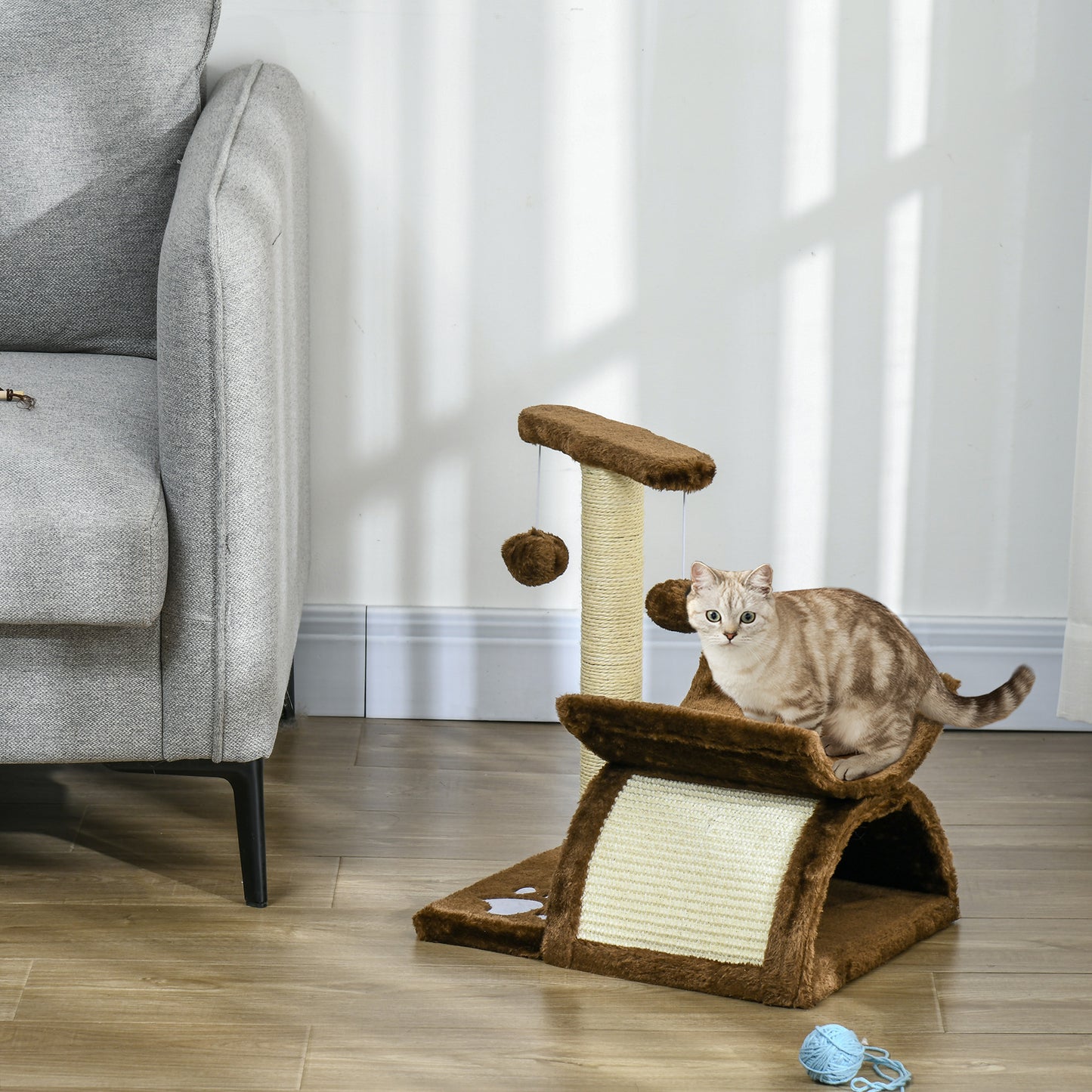 PawHut Cat Tree, Cat Tower for Kittens with Rotatable Top Bar, Sisal Scratching Post, Tunnel, Dangling Balls - Brown--ChewyGames-ChewyGames