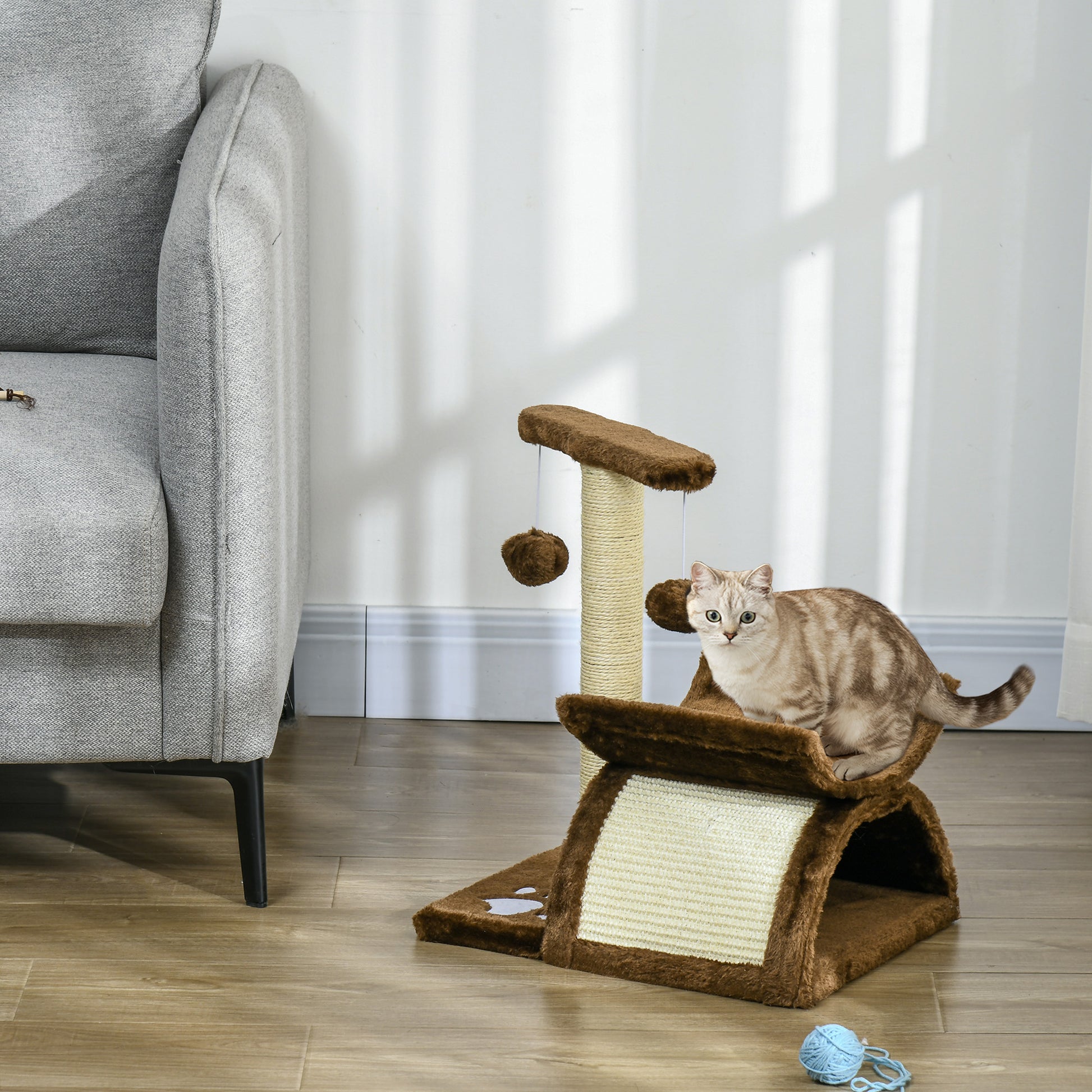 PawHut Cat Tree, Cat Tower for Kittens with Rotatable Top Bar, Sisal Scratching Post, Tunnel, Dangling Balls - Brown--ChewyGames-ChewyGames