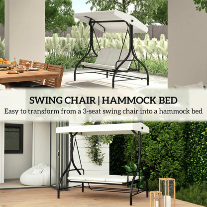 Outsunny 3 Seater Canopy Swing Chair, 2 in 1 Garden Swing Seat Bed, with Adjustable Canopy and Metal Frame, Cream White