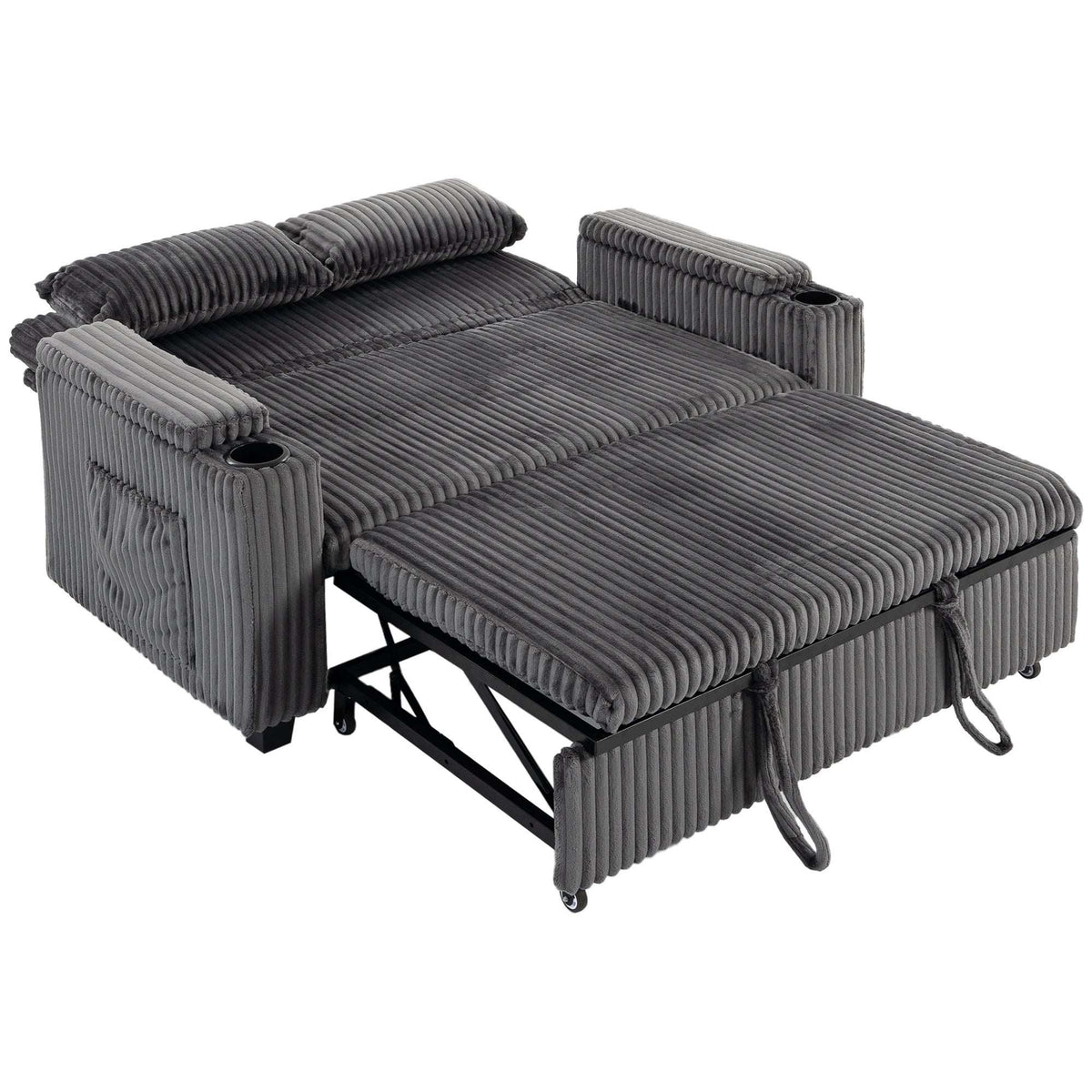 HOMCOM 2 Seater Sofa Bed, Pull Out Sleeper Sofa w/ Adjustable Backrest, Storage Armrests, Cup Holders, Side Pockets, Dark Grey