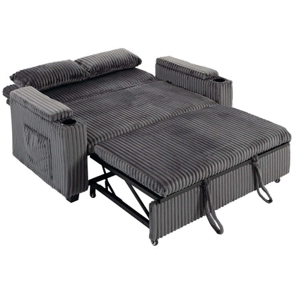 HOMCOM 2 Seater Sofa Bed, Pull Out Sleeper Sofa w/ Adjustable Backrest, Storage Armrests, Cup Holders, Side Pockets, Dark Grey