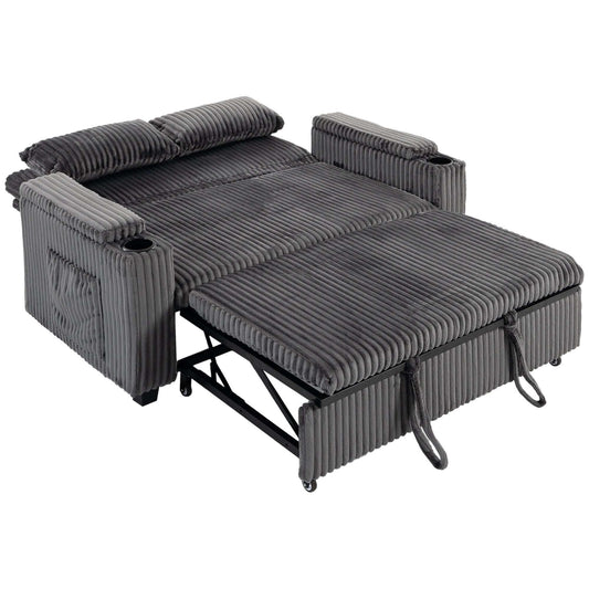 HOMCOM 2 Seater Sofa Bed, Pull Out Sleeper Sofa w/ Adjustable Backrest, Storage Armrests, Cup Holders, Side Pockets, Dark Grey