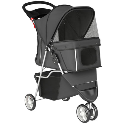 PawHut Dog Stroller, 3 Wheels Foldable Pet Stroller with Adjustable Canopy, Storage Basket for Small Mini Breeds, Dark Grey