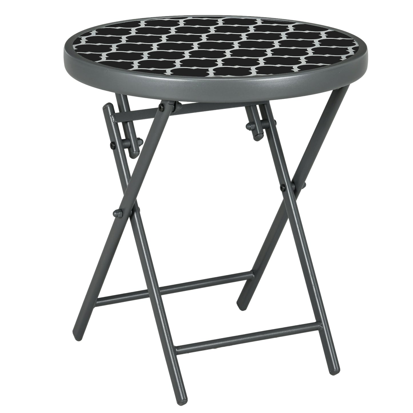 Outsunny Φ45cm Garden Side Table, Outdoor Round Folding Patio Table with Imitation Marble Glass Top, Small Coffee Table, Black and White