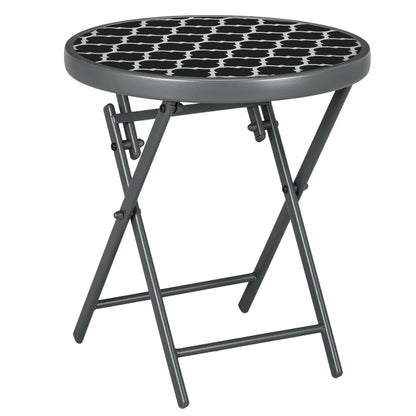 Outsunny Φ45cm Garden Side Table, Outdoor Round Folding Patio Table with Imitation Marble Glass Top, Small Coffee Table, Black and White