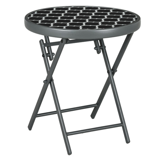 Outsunny Φ45cm Garden Side Table, Outdoor Round Folding Patio Table with Imitation Marble Glass Top, Small Coffee Table, Black and White