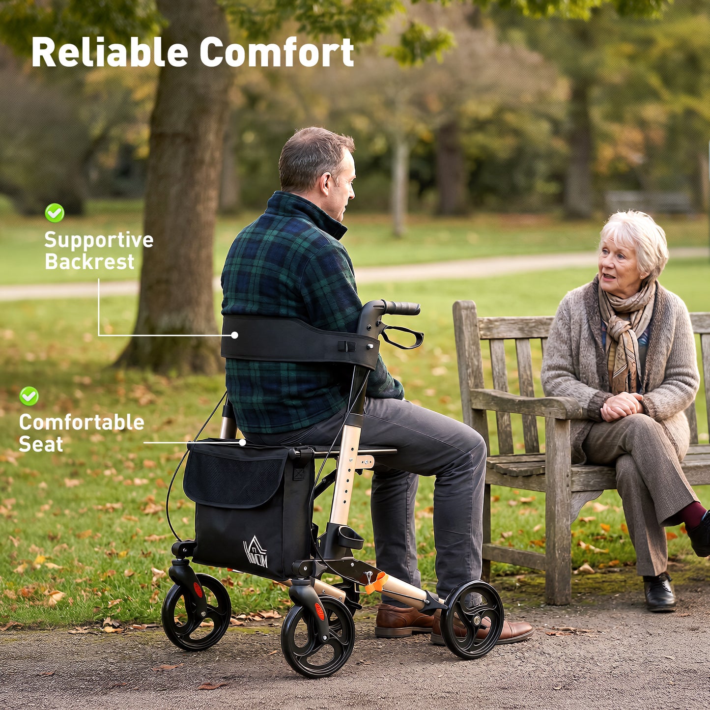 HOMCOM Rollator Walker with Seat, Compact Quick Folding Mobility Walker with 8" Wheels, Carry Bag, Adjustable Height, Cane Holder and Lightweight Aluminium Frame for Seniors and Disabled, Gold Tone