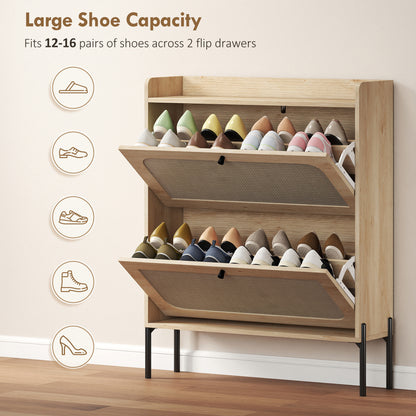 HOMCOM Shoe Cabinet with 2 Flip Drawers, Boho Narrow Shoe Storage Cabinet, Oak
