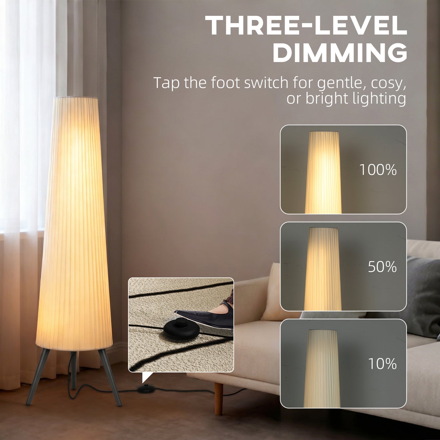 HOMCOM Dimmable Tripod Floor Lamp with Foot Switch, Nordic Standing Lamp with Fabric Shade, 153cm, White