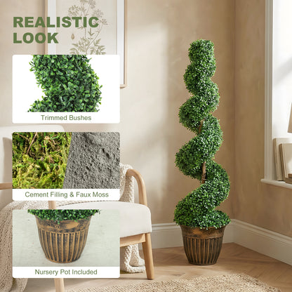 HOMCOM Set of 2 Artificial Plants, Topiary Spiral Boxwood Trees with Pot, for Home Indoor Outdoor Decor, 120cm