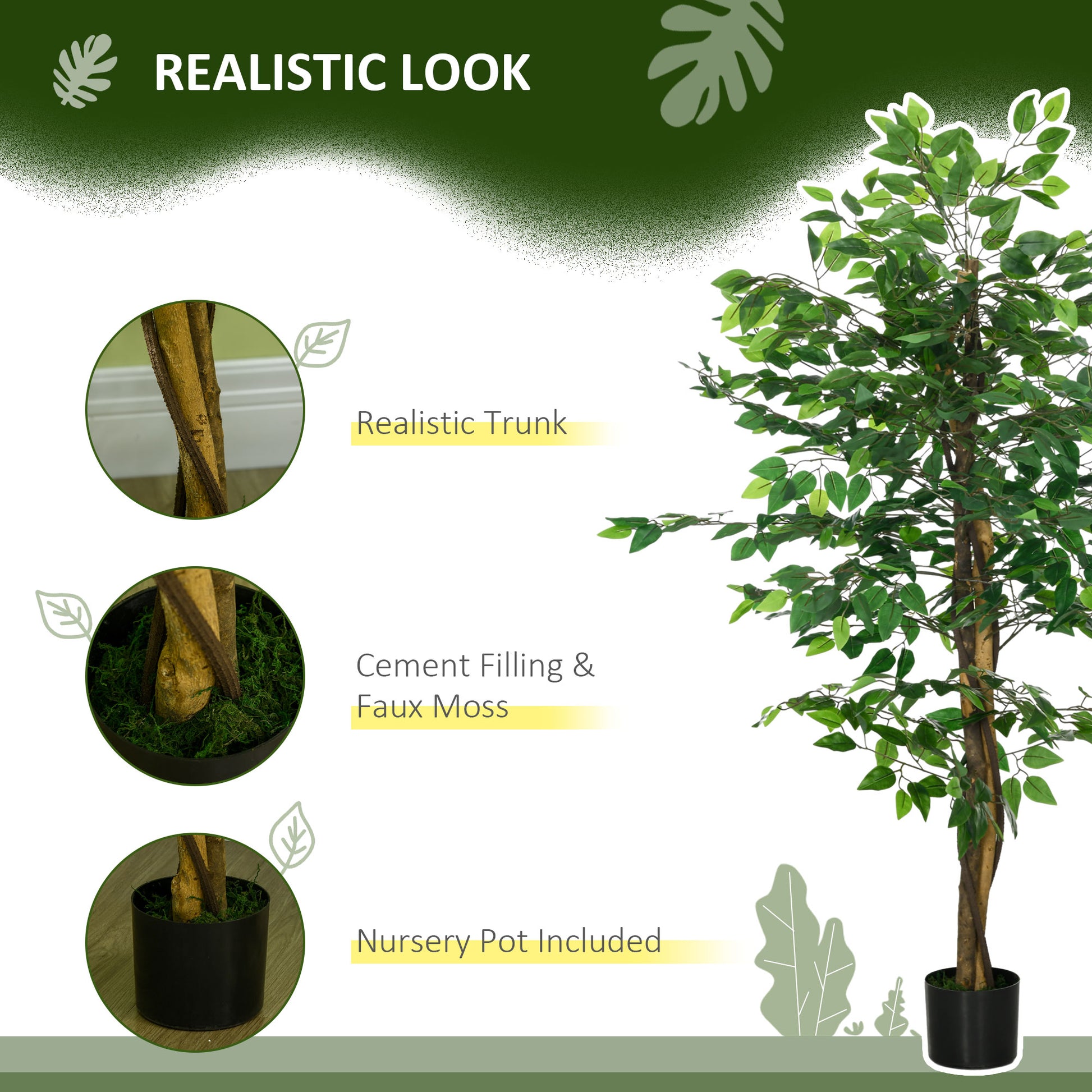HOMCOM Artificial Ficus Tree, with Weighted Plant Pot - Green-Artificial Trees-ChewyGames-ChewyGames