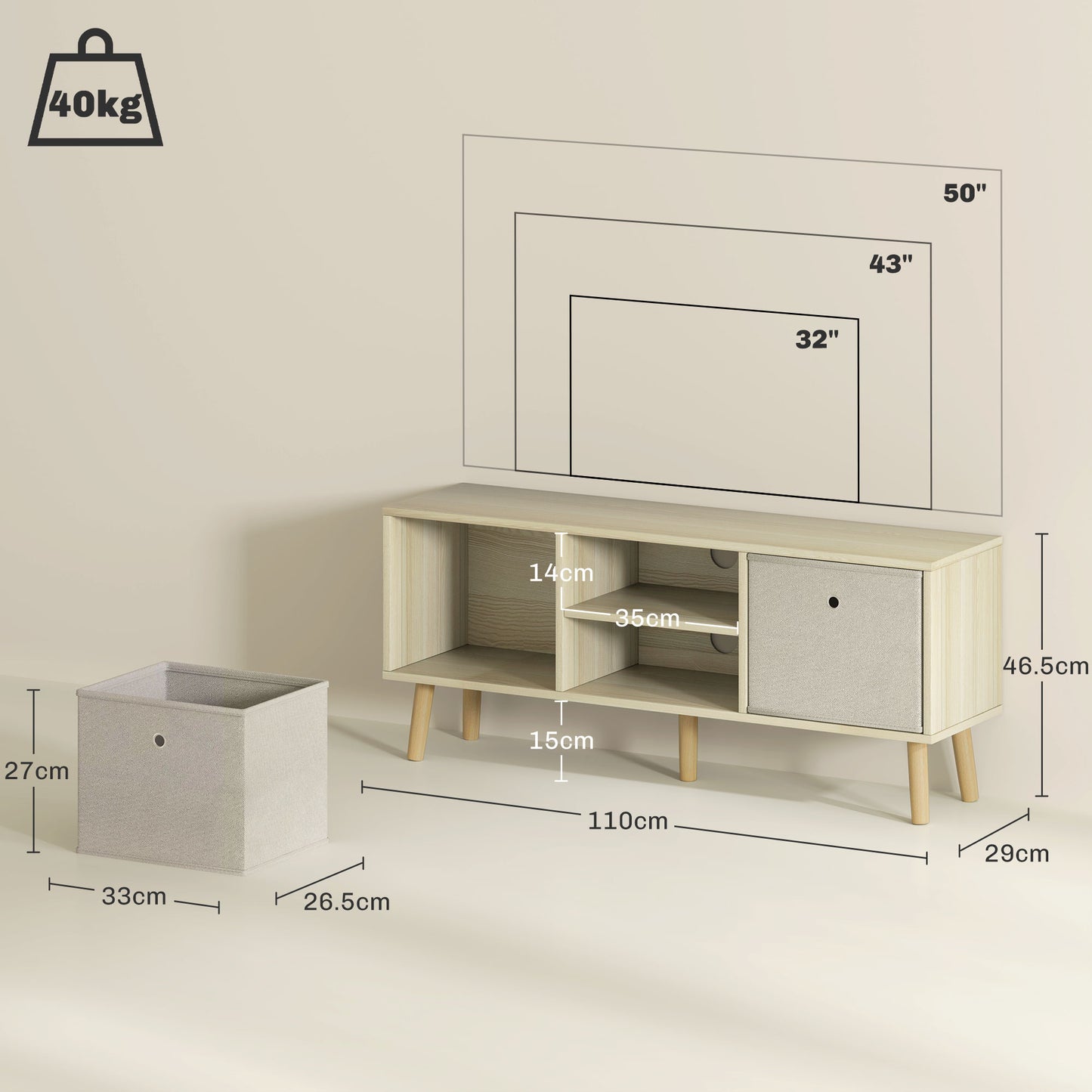 HOMCOM TV Cabinet Stand Unit for TVs up to 50'' with Foldable Drawers, Entertainment Centre for Living Room Natural--ChewyGames-ChewyGames